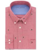 Tommy Hilfiger Men's Slim-fit Comfort Wash Untucked Red Solid Embroidered Dress Shirt