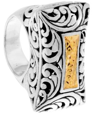 Bali Heritage Signature Carving Hamerred Sterling Silver Ring Embellished By 18k Gold Accents