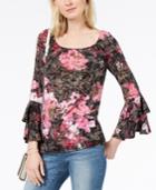 Inc International Concepts Floral-print Flounce Sleeve Burnout Peasant Top