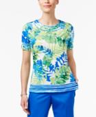 Alfred Dunner Corsica Leaf-print Striped-hem Top