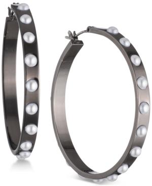Dkny Hematite-tone Imitation Pearl Hoop Earrings, Created For Macy's