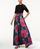 Sl Fashions Lace-shoulder Crepe & Floral-print Gown