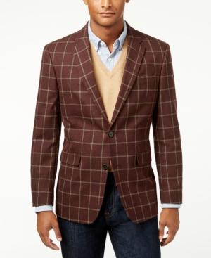 Tommy Hilfiger Men's Slim-fit Burgandy Windowpane Sport Coat