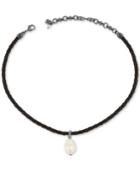Lucky Brand Silver-tone Imitation Pearl Braided Leather Choker Necklace