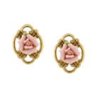2028 Gold-tone Pink Porcelain Rose Button Earrings