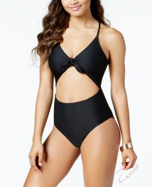 Bar Iii Ribbed Tie-front Cutout One-piece Swimsuit, Created For Macy's Women's Swimsuit