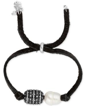 Lucky Brand Silver-tone Imitation Pearl And Pave Leather Slider Bracelet