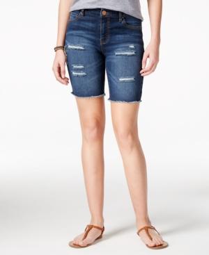 Tinseltown Juniors' Ripped Denim Bermuda Shorts, Dark Wash