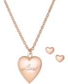 Charter Club Rose Gold-tone Locket Pendant Necklace And Matching Stud Earrings