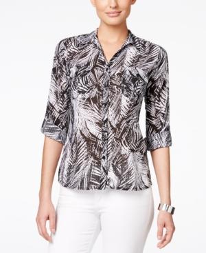 Ny Collection Petite Tropical Leaf Button-down Shirt