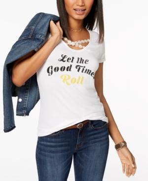 Pretty Rebellious Juniors' Crocheted-trim T-shirt