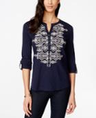 Style & Co. Petite Roll-tab-sleeve Embroidered Peasant Top, Only At Macy's