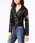 Maralyn & Me Juniors' Embroidered Faux-leather Moto Jacket
