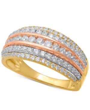 Diamond Tri-color Multi-row Statement Ring (1 Ct. T.w.) In 14k Gold, Rose Gold & White Rhodium-plate