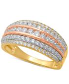 Diamond Tri-color Multi-row Statement Ring (1 Ct. T.w.) In 14k Gold, Rose Gold & White Rhodium-plate