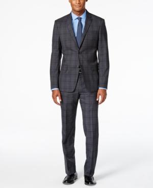 Dkny Men's Charcoal And Blue Plaid Slim Fit Suit