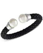 Majorica Silver-tone Imitation Pearl Black Braided Leather Bangle Bracelet