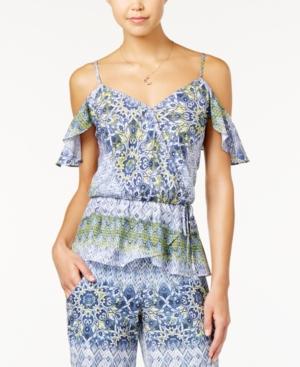 Bcx Juniors' Printed Cold-shoulder Faux-wrap Peplum Top