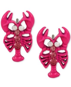 Betsey Johnson Silver-tone Crystal Accented Fuchsia Lobster Stud Earrings