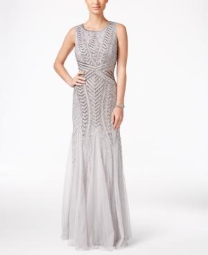 Adrianna Papell Sequined Beaded Tulle Mermaid Gown