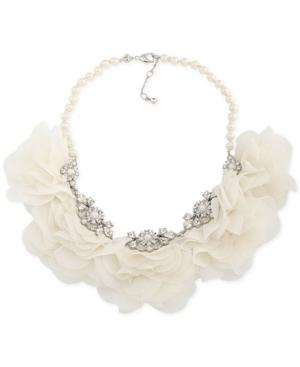 Carolee Silver-tone Crystal & Imitation Pearl Fabric Flower Statement Necklace