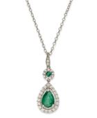 14k White Gold Necklace, Emerald (1 Ct. T.w.) And Diamond (1/3 Ct. T.w.) Pear Drop Pendant