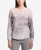 Calvin Klein Printed Roll-sleeve Button-front Blouse