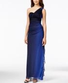 Blondie Nites Juniors' Ruched Ombre Glitter One-shoulder Gown