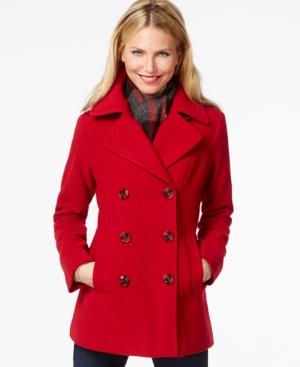 London Fog Petite Double-breasted Peacoat With Plaid Scarf