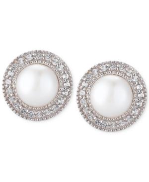 Cultured Freshwater Pearl (7-1/2mm) And White Topaz (1/6 Ct. T.w.) Earrings In Sterling Silver