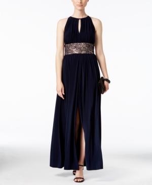 R & M Richards Gathered Keyhole Lace-trim Gown