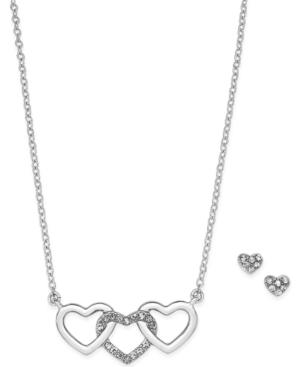 Charter Club Silver-tone Triple Heart Pendant Necklace And Matching Pave Stud Earrings