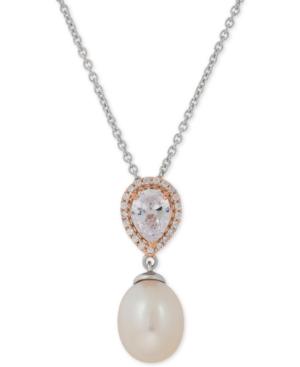 Honora Style Cultured Freshwater Pearl (8-1/2mm) & Swarovski Zirconia Pendant Necklace In Sterling Silver & 10k Rose Gold