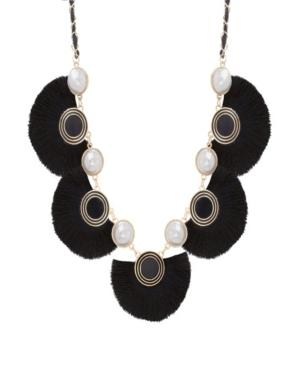 Catherine Malandrino Women's Simulated White Pearl And Black Silk Fan Design Yellow Gold-tone Necklace