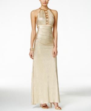 Xscape Illusion Ladder Beaded Metallic Halter Gown