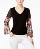 Inc International Concepts Petite Floral-sleeve Sweater, Only At Macy's