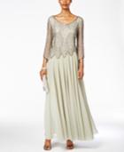 J Kara Three-quarter-sleeve Beaded A-line Gown