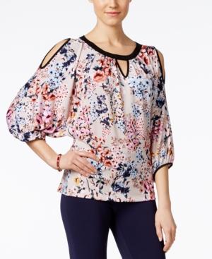 Eci Printed Cold-shoulder Blouse