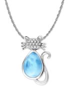 Marahlago Larimar And White Sapphire Accent Cat 21 Pendant Necklace In Sterling Silver