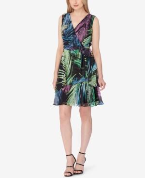 Tahari Asl Palm-print Faux-wrap Dress