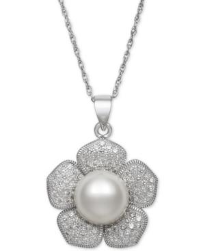 Cultured Freshwater Pearl (10mm) And Cubic Zirconia Flower Pendant Necklace In Sterling Silver