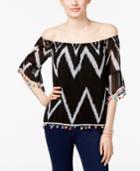 Inc International Concepts Petite Printed Pom-pom Off-the-shoulder Top, Only At Macy's