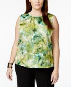 Tahari Asl Plus Size Printed Pleat-neck Shell