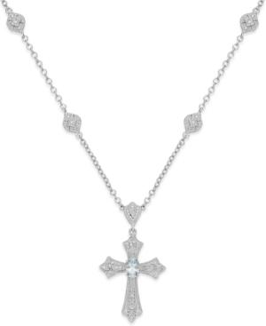 Aquamarine (1/3 Ct. T.w.) And Diamond (1/10 Ct. T.w.) Cross Pendant Necklace In Sterling Silver