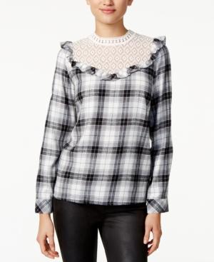 Kensie Lace-trim Plaid Top