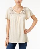 Style & Co. Petite Embroidered Split-neck Top, Only At Macy's
