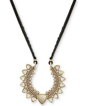 Lucky Brand Gold-tone White Stone Black Leather Pendant Necklace