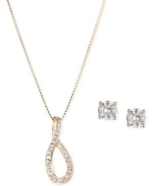 Anne Klein Gold-tone Crystal Loop Pendant Necklace And Crystal Stud Earrings