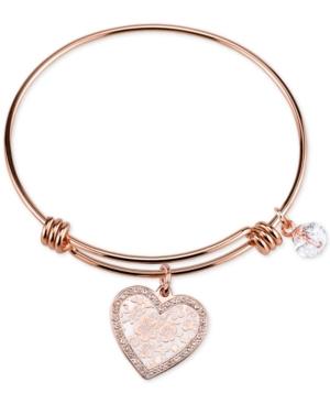 Unwritten Heart & Crystal Charm Bangle Bracelet In Rose Gold-tone Stainless Steel