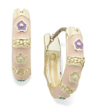 Children's 18k Gold Over Sterling Silver Earrings, Enamel Flower Hoop Earrings